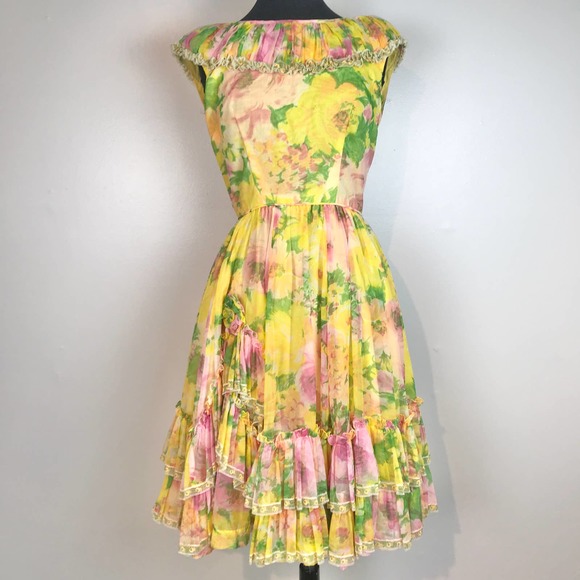 Vintage Chez Bea Square Dance Yellow Floral Dress - Picture 1 of 11
